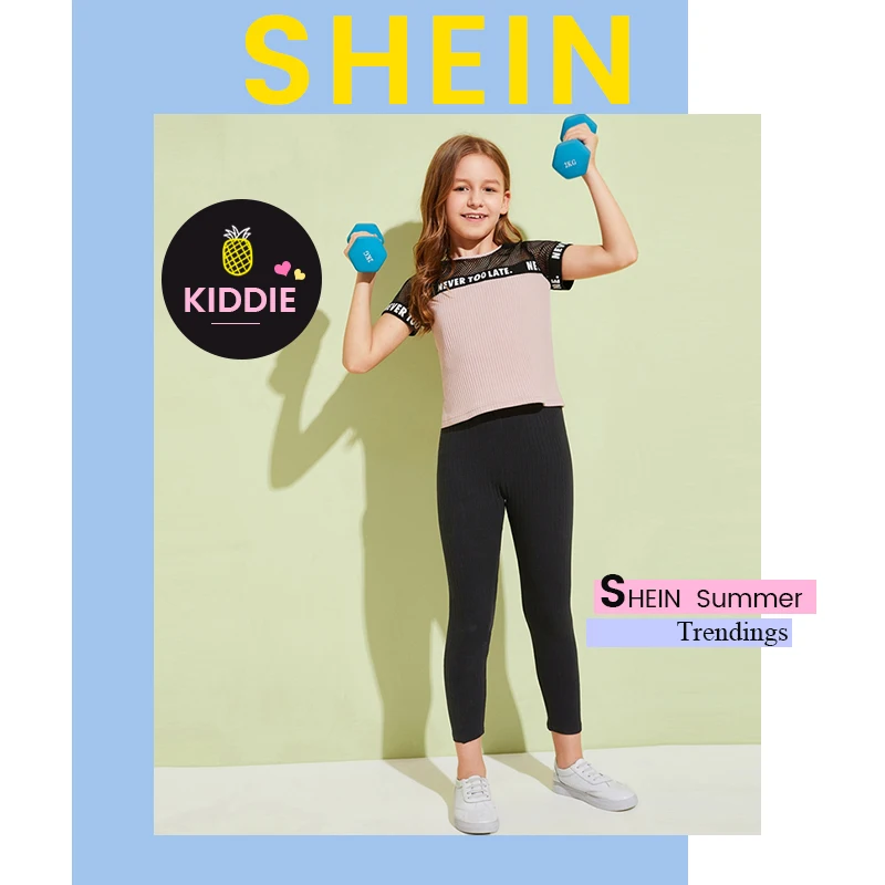 SHEIN Kiddie/черные вязаные повседневные штаны с эластичной резинкой на талии 2019 г. Обтягивающие леггинсы для больших девочек Одинаковая одежда