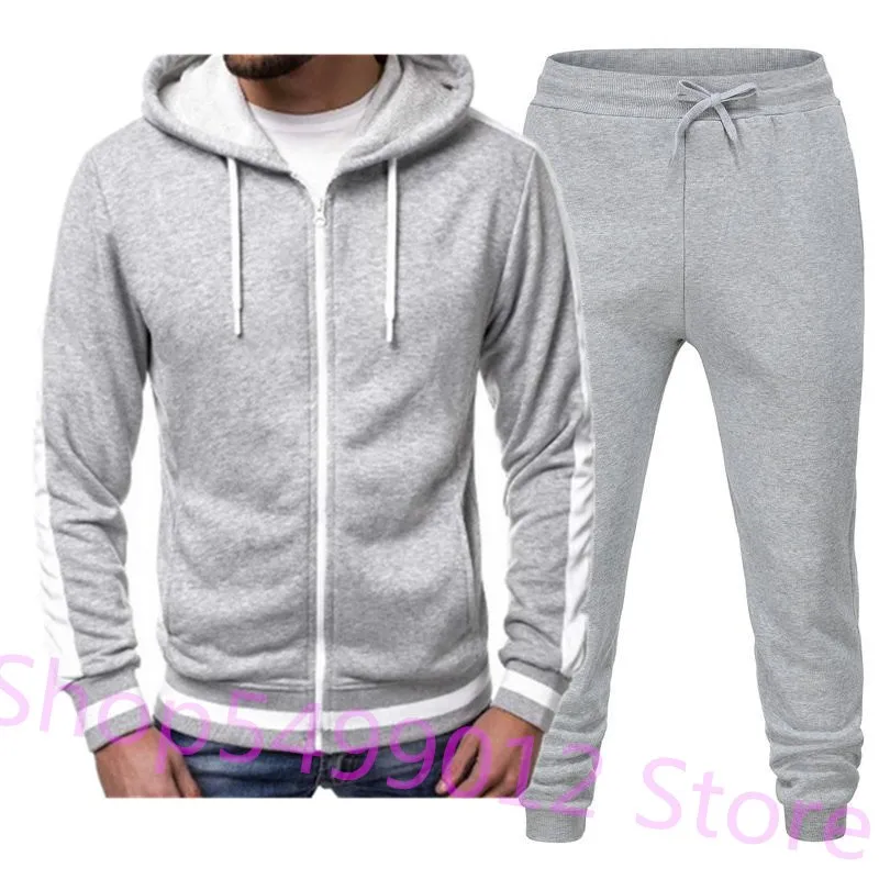 light gray Спортивный костюм на молнии из 2 предметов, мужской комплект, спортивный костюм, мужская одежда с принтом, толстовки с капюшоном, куртка, штаны, спортивные костюмы для мужчин - Цвет: light gray