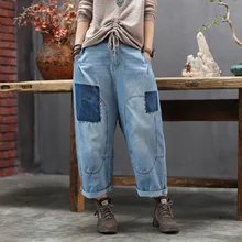 Осень-зима, джинсы для женщин, большой размер, свободные, повседневные, джинсовые штаны, новинка, эластичная талия, с карманами, комбинированные, винтажные, женские брюки