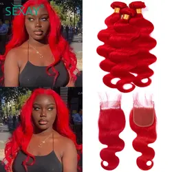Sexay Red Human Hair Bundles With Closure Pre Plucked Burmese Body Wave Hair Extensions For Women 4x4 Lace Closures And Weaves