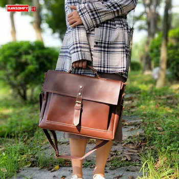 

Vintage Leather 14" Business Briefcase Women Handbag Female Messenger Bag Portable Shoulder Commuter Bag File Computer Bags
