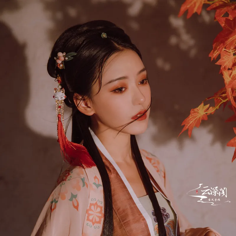 fox beaded tassel red Headband Ancient Chinese hair accessories hanfu kimono ribbon for COSPLAY SIZE:3*156CM