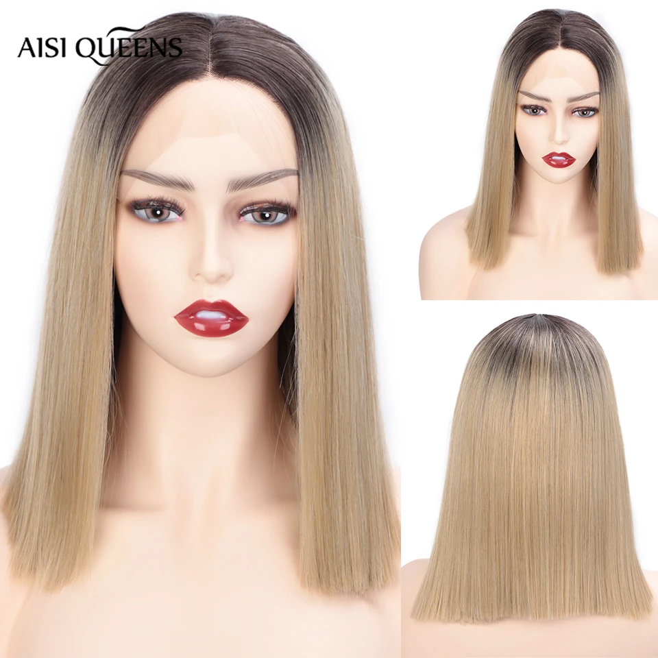 

AISI QUEENS Synthetic Lace Front Wig Short Straight Middle Parts Ombre Gold Natural Hair for Black White Women Cosplay Wig