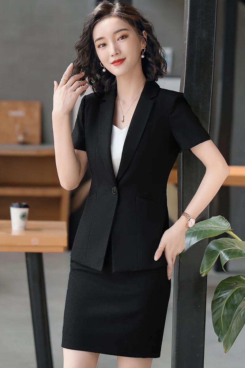 Female Elegant Formal Office Work Wear Summer Ladies Black Blazer Women Business Suits with Skirt and Jacket Sets Uniform Style
