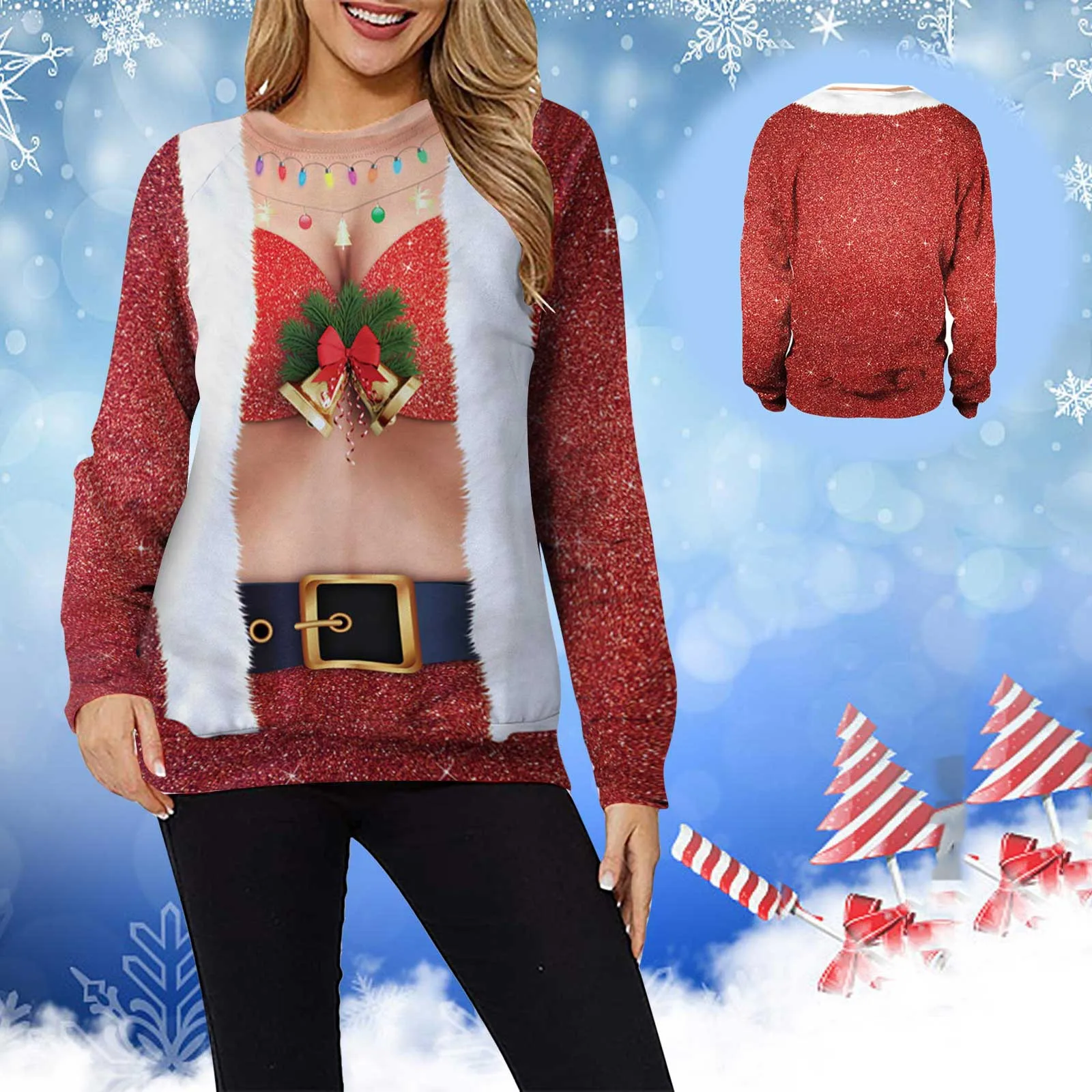 Funny Christmas Print Hoodies Women Casual Long Sleeve O-neck Patchwork Pullover Tops Winter Female Xmas Sweatshirts Sudaderas 1