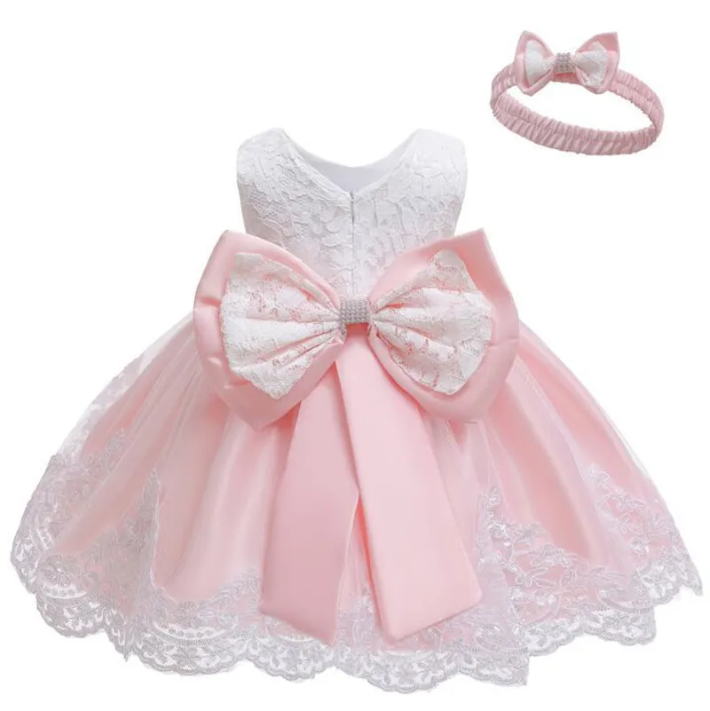 Baby Girls Princess Dress And Hairband 2Pcs Elegant Bow Toddler Girl 1 Years Birthday Party Lace Ball Gown Vestidos Kids Dresses (21)
