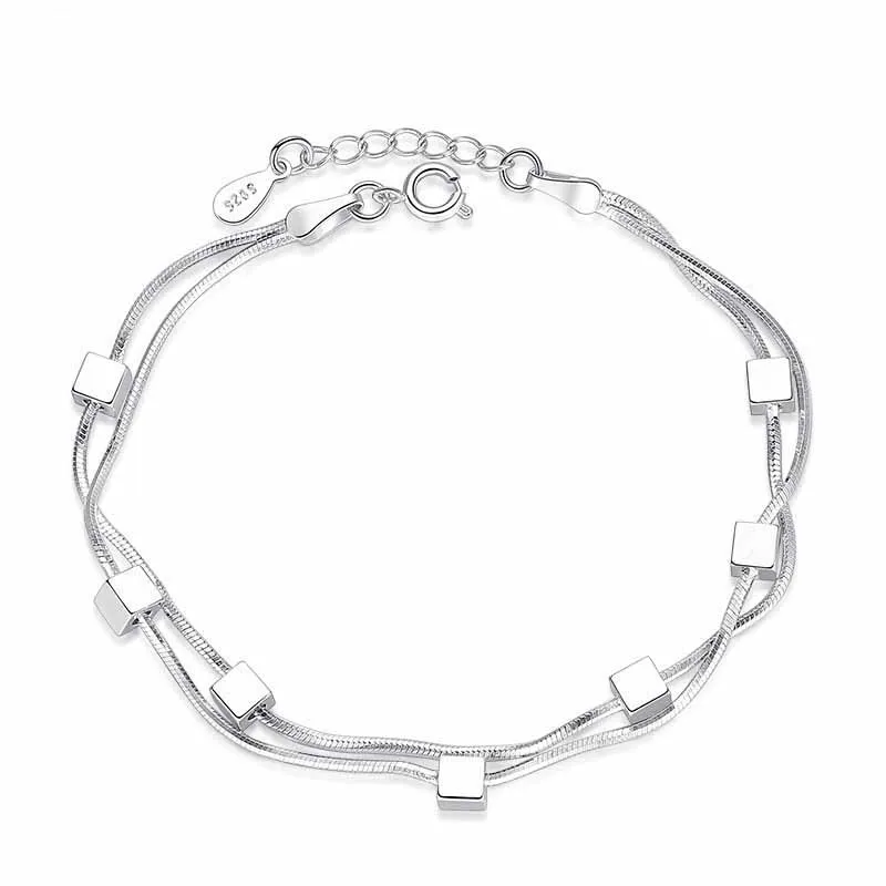 

Crazy Feng Luxury Lover's Gift Silver Color Square Star Beads Layers Bracelet and Bangles Wedding Party Jewelry Chain Bracet