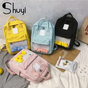 

School Backpack Women 2020 New Female Cute Cartoon Transparent lattice Students Schoolbag Wearable Fashion nylon Backpacks Bag