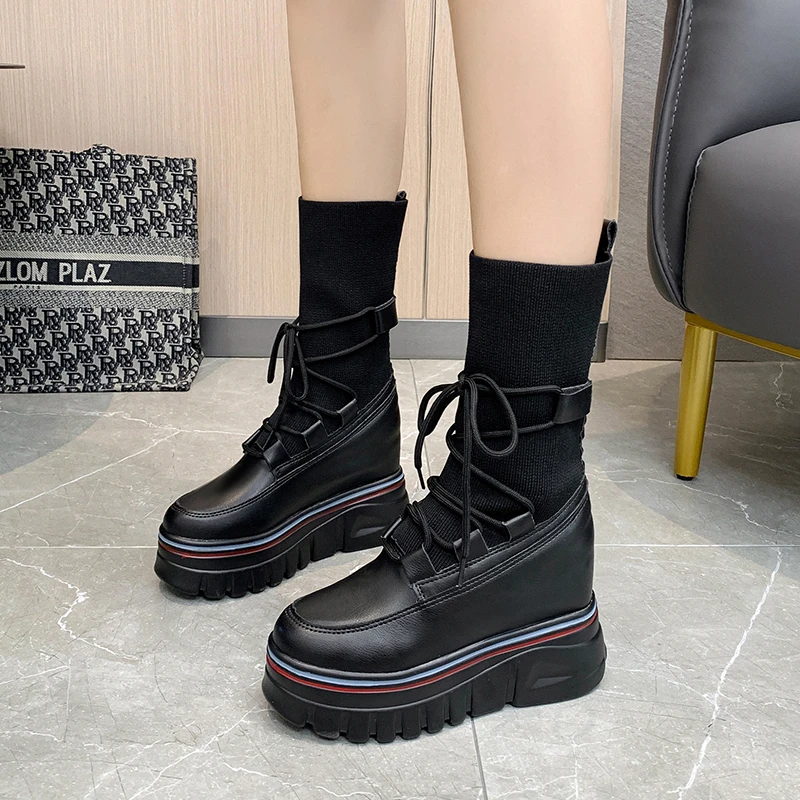 Botas de cuero con plataforma para mujer, zapatos de tacón grueso de 9CM,  color blanco, calcetín elástico, cálidos, invierno, 2021|Botas a media  pantorrilla| - AliExpress