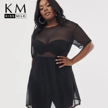 

Kissmilk European And American Atyle Large Size Simple Solid Color Perspective Mesh Round Neck Short Sleeve Women dress