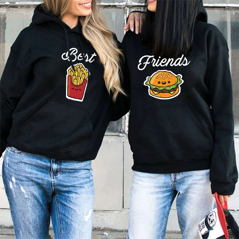 Модные толстовки Best Friends, осенне-зимние женские толстовки с капюшоном и длинным рукавом, женские пуловеры с принтом гамбургера и молока