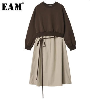 

[EAM] Women Camel Split Pleated Two Piece Dress New Round Neck Long Sleeve Loose Fit Fashion Tide Spring Autumn 2020 1H486