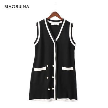 

BIAORUINA Women's Vintage Sleeveless Knit Long Sweater Vest Beadings Decoration Ladies Elegant V-neck Sweater High Quality