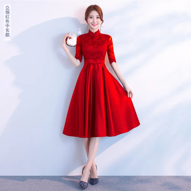 Кружевное вечернее платье Cheongsam Длинные платья Qi Pao Женская традиционная китайская одежда Qipao Продвижение модные китайские вечерние платья - Цвет: Red collar medium