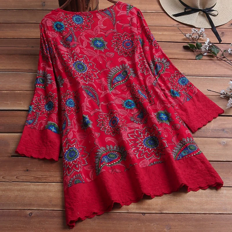 Большие размеры Летняя мода Boho Хлопок Лен с рисунком блуза, Топ Свободный Топ Женская рубашка с длинными рукавами Blusas Femininas пуловер