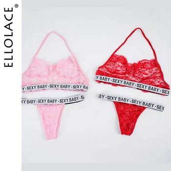 

Ellolace Fashion Lace Lingerie Set Sexy Thin Deep V-Neck Push Up Underwear Set Hot-Selling Vintage Solid Color Letter Bra Set
