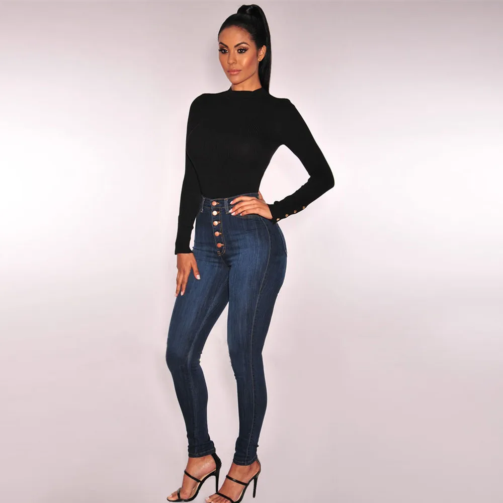 High Waist Women Jeans Buttons Female Pant Slim Elastic Plus Size Stretch Jeans Plus Size Denim Blue Skinny Pencil Pant female