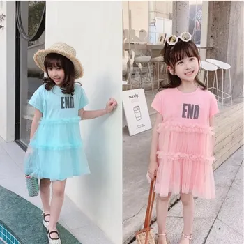 

2020 Summer Mesh Layered Dress Baby Girls Blue&Pink Dress Letter Pattern Boutique Solid Dress for Girl Flower Dress