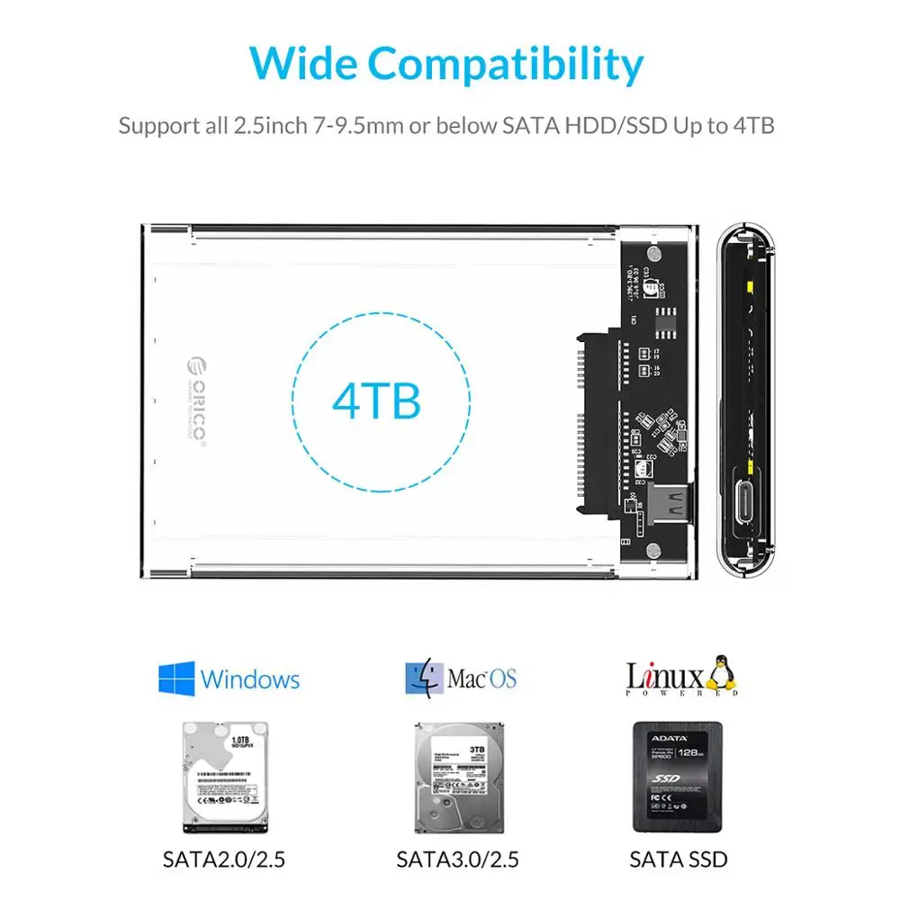 ORICO HDD чехол 2,5 дюймов прозрачный SATA для USB 3,0 3,1 чехол для жесткого диска 5 Гбит/с 4 ТБ UASP type C корпус SSD, HDD 10 Гбит/с