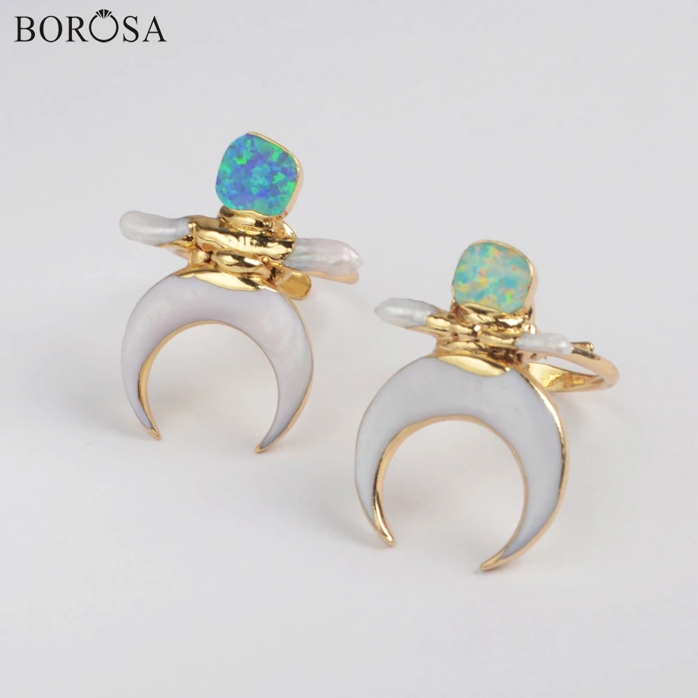 BOROSA Gild полумесяц кольца ракушки белая оболочка и японский опал регулируемое кольцо богемный ручной работы опал кольца Бохо ювелирные изделия G1863