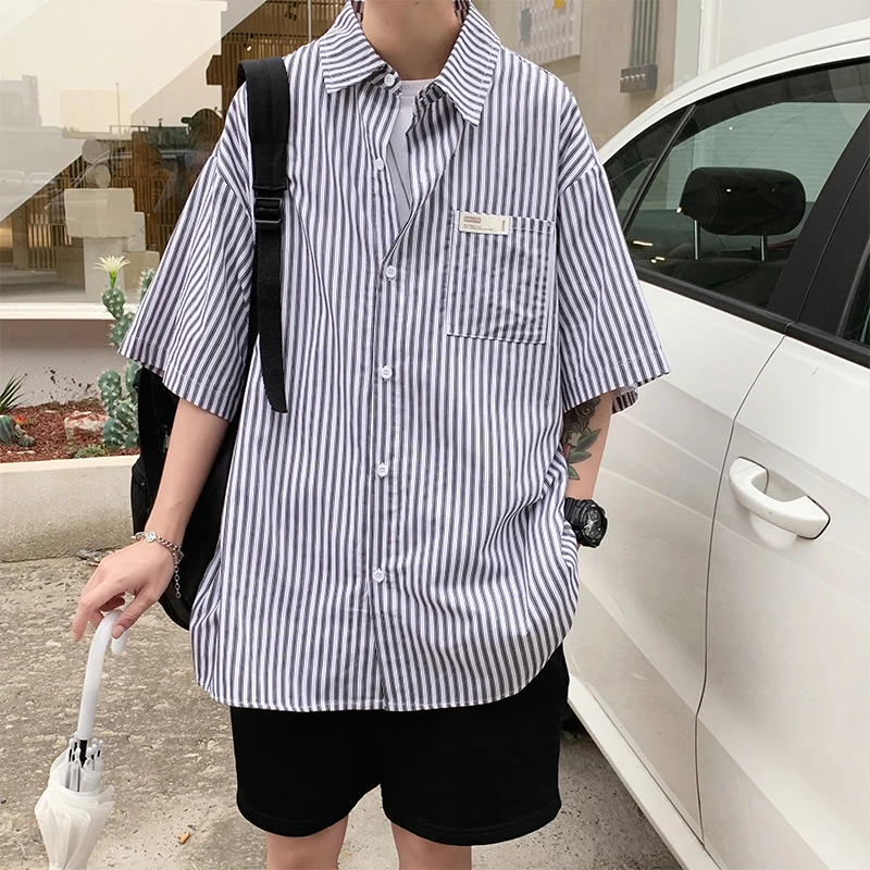 Rocking K Summer Stripe Shirt Men's Korean Fashion Ins Short Sleeve ...
