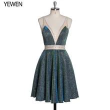 Высокое качество глубокий v-образный вырез платье для выпускного вечера Короткие коктейльные платья Sequines элегантные трапециевидные Платья для особых случаев