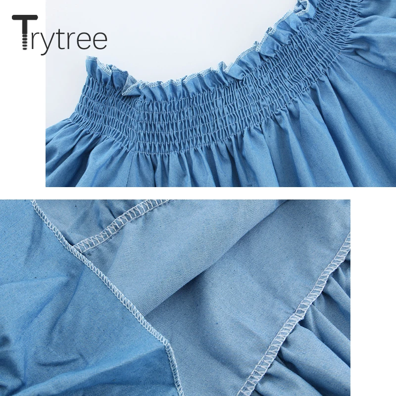 Trytree, весеннее женское платье, повседневное, с вырезом лодочкой, с пышными рукавами, половина рукава, одноцветное, синее, свободный пояс, с оборками, модное мини платье