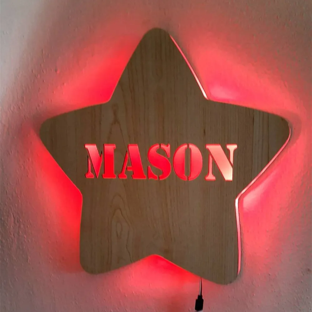 Personalized Star LED Night Light Custom Name Wood Wall Lamp for Kids Birthday Party Gifts Home Decor Adjustable Brightness