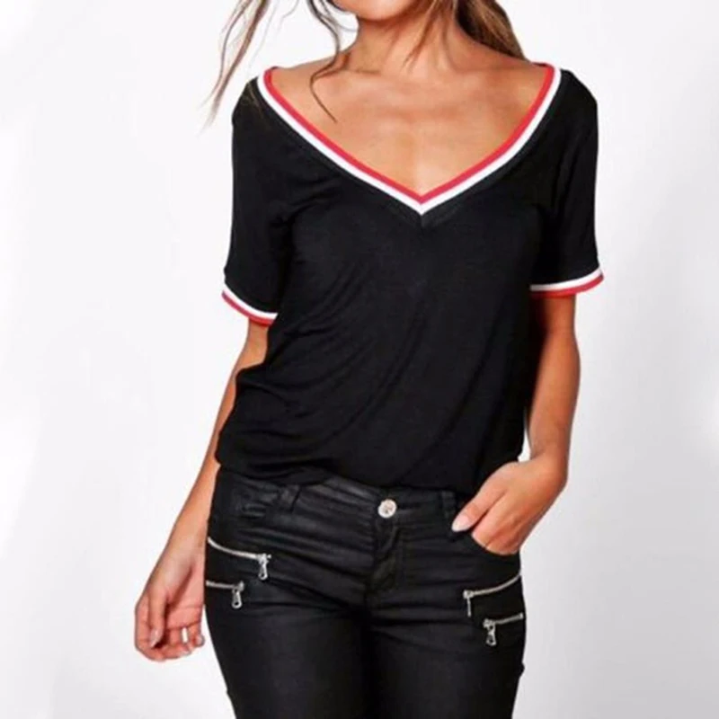 Женские футболки, модная летняя футболка, Повседневная Однотонная футболка в полоску с v-образным вырезом, женская рубашка на подкладке