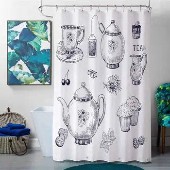 

Shower Curtains Octopus Blue and White,Hand Drawn Teapots and Cups Muffins and Bags Vintage English Tradition,Navy Blue
