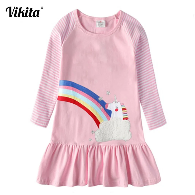 VIKITA/Детское платье с единорогом для девочек; осенне-зимние платья для маленьких девочек; одежда с блестками для малышей; детское платье принцессы с героями мультфильмов