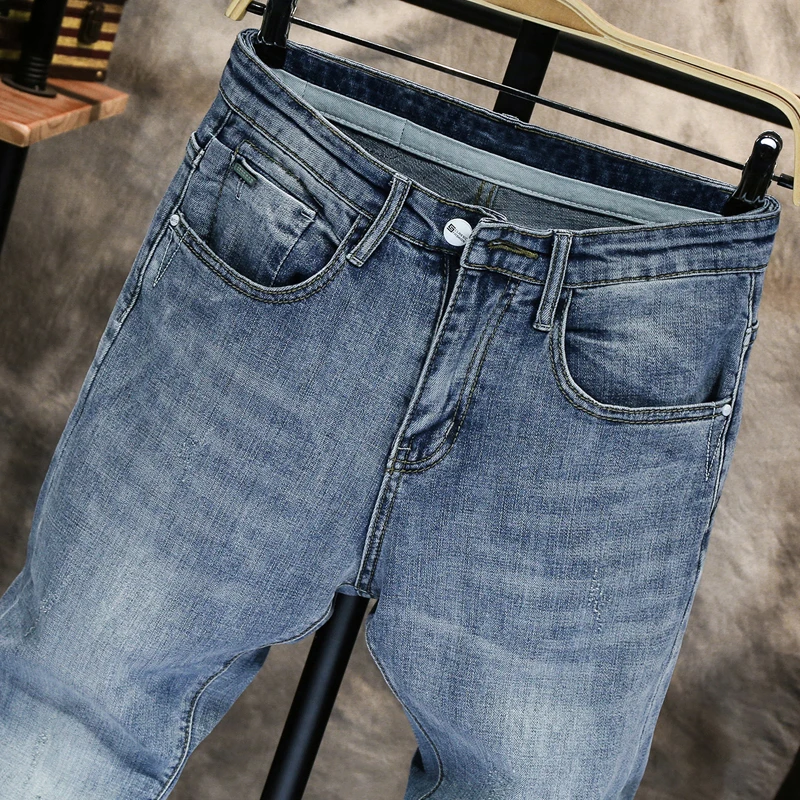 Popular High Quality Jeans Men Denim Jeans Pencil Pants Blue Men's jeans fashion Casual Skinny Slim Fit Stretch Male Jean Scratched blue