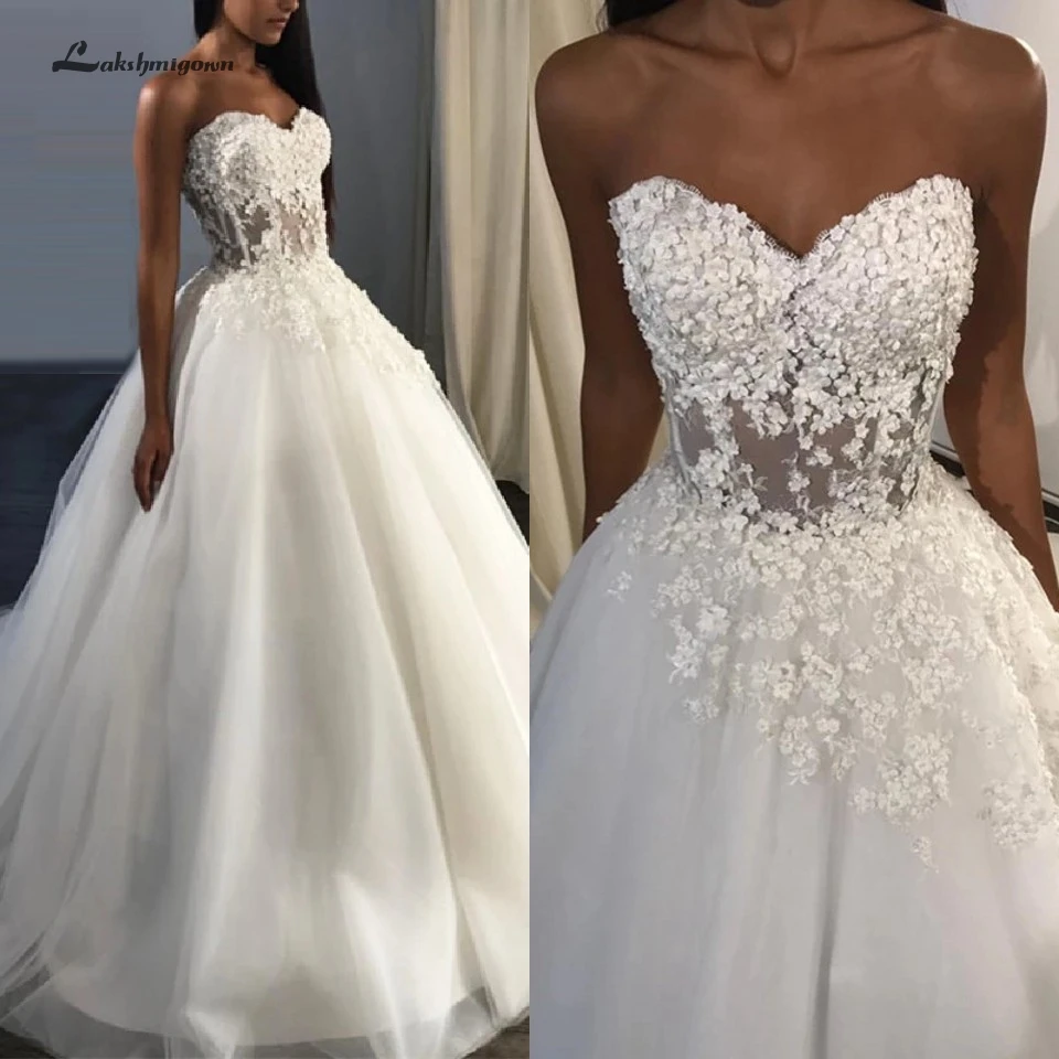 

Lakshmigown Sexy See Through Corset Wedding Dresses for Bridal Gowns 2019 Tulle Sweetheart Ball Gown Appliques Wedding Dress