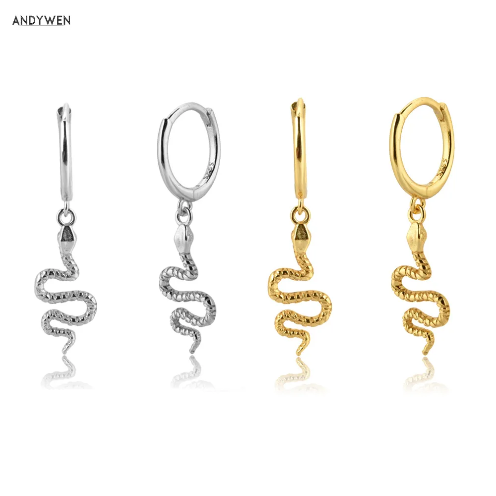 ANDYWEN 925 Sterling Silver Gold Small Snake Pendant Pendiente Drop Earring 2020 Crystal CZ Zircon Piercing Fine Jewelry