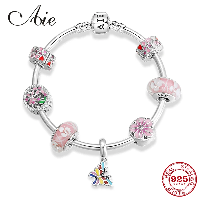925 стерлингового серебра Весенняя розовая серия Бабочка и цветок Шарм Браслеты готовое изделие для женщин модные ювелирные изделия