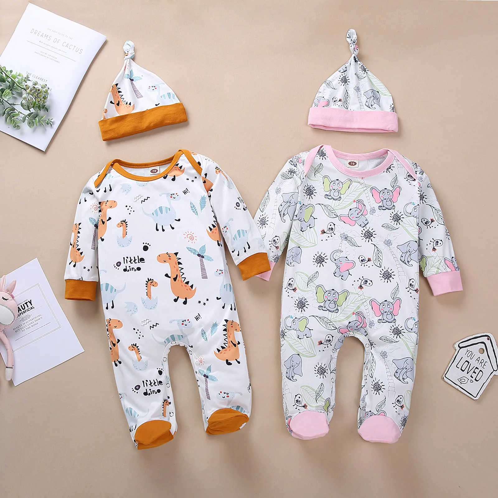 

Newborn Infant Baby Boys Girls Cartoon Animal Print Romper Jumpsuit +Hat Sets Children's long-sleeved romper Base coat soft Y4