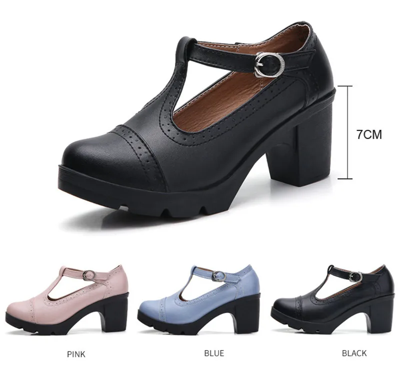 Size 34-43 Pumps Women's Shoes Buckle T-Strap Leather Oxfords Shoes Mary Jane Retro Mid-Heel Ladies Platform Single Pumps Shoes (4)