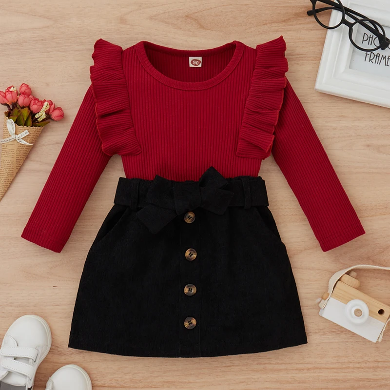 Toddler Baby Girl Fall Winter Clothes Solid Knit Ruffle Pullover Tops Corduroy Mini Skirts Outfits For 1-4 Years Baby Girl for kids clothing set,girls clothing set,boys clothing set,kids sweatshirt set