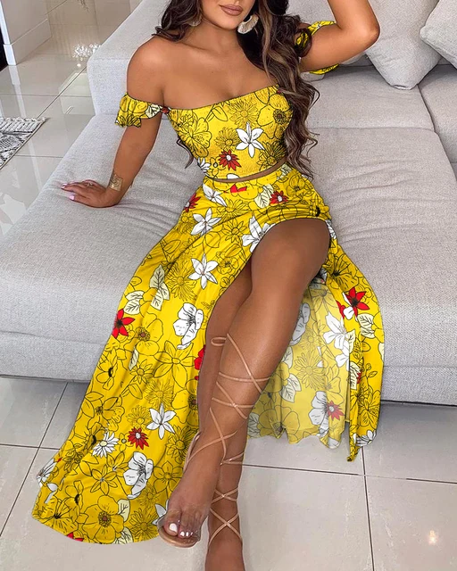Sexy Off Shoulder Floral Print Ruffles Yellow Crop Top Summer Clothes High  Slit Maxi Dresses Beach Skirt Two Piece Set Women - Dress Sets - AliExpress