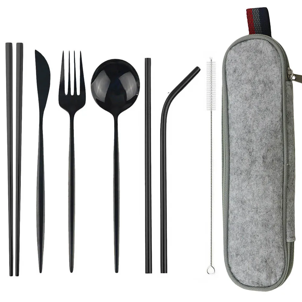 8Pcs 304 Stainless Steel Dinnerware Set Spoon Fork Chopsticks Straw With Bag Cutlery For Travel Outdoor Office Picnic BBQ | Дом и сад