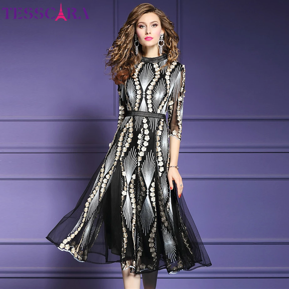 TESSCARA/осеннее роскошное платье с вышивкой высокого качества, Женская винтажная дизайнерская женская одежда для вечеринки, элегантные женские платья