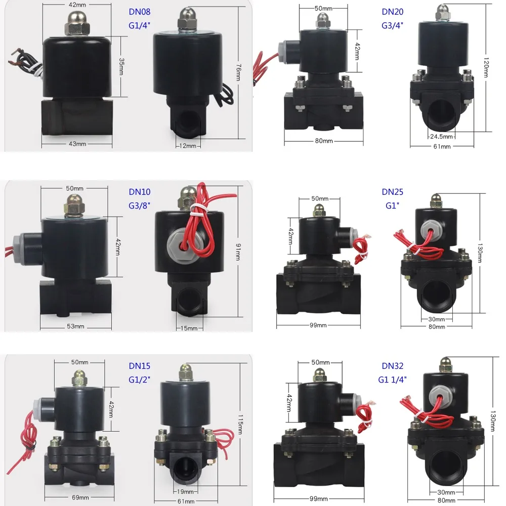 DN08/10/15/20/25/32/40/50 AC 110V AC 220V DC 12V DC 24V Пластик нормально закрытый электромагнитный клапан воды клапан переключающего клапана