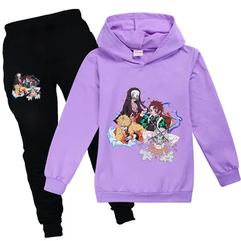 

2020 Autumn Kimetsu Anime Cartoon Print Demon Slayer Teenage Girls Clothing Set Long Sleeve Girl Boys Kids Clothes 8 To 12