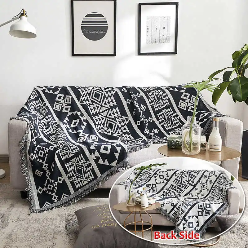 Double Sides Throw Blanket Black White Geometric Pattern Knitted Cotton