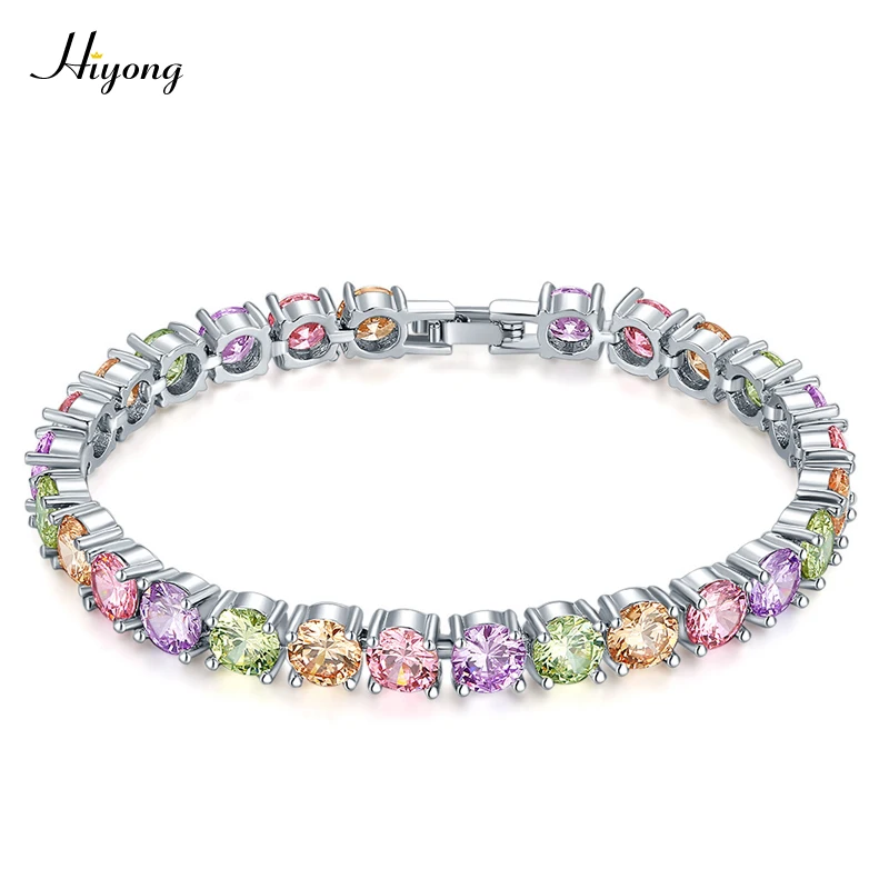 HIYONG Модный Красочный браслет из кубического циркония, браслет из циркония, Теннисный браслет 5 мм, Золотая застежка в коробке, ювелирные изделия, подарки для мужчин и женщин