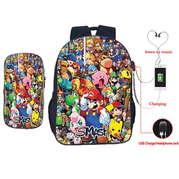 

Super Mario Smash Bros Backpack Bag Girls Boys 2pcs Back To School Bags Bagpack USB Charging Travel Shoulder Bookbag Pen Case