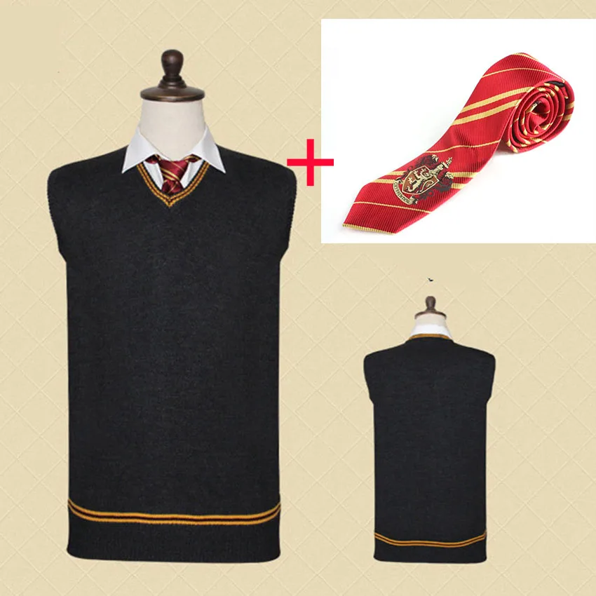 Свитер в стиле Гарри Поттера Gryffindor Slytherin Hufflepuff, свитер с v-образным вырезом, жилет, универсальная повседневная одежда Гермионы с галстуком, рождественский подарок - Цвет: Gryffindor With Tie