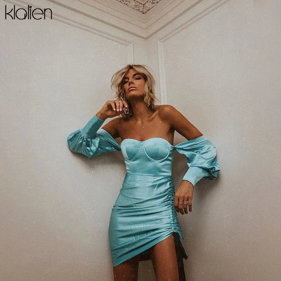 

KLALIEN Elegant Off Shoulder Autumn Blue Slim Women Backless Long Sleeve Patchwork Irregular Slash neck Senior Party Dress