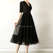 10243 милые черные платья для выпускного вечера с v-образным вырезом и натуральным рукавом средней длины, а-силуэт, спандекс и тюль/Вечерние платья с поясом