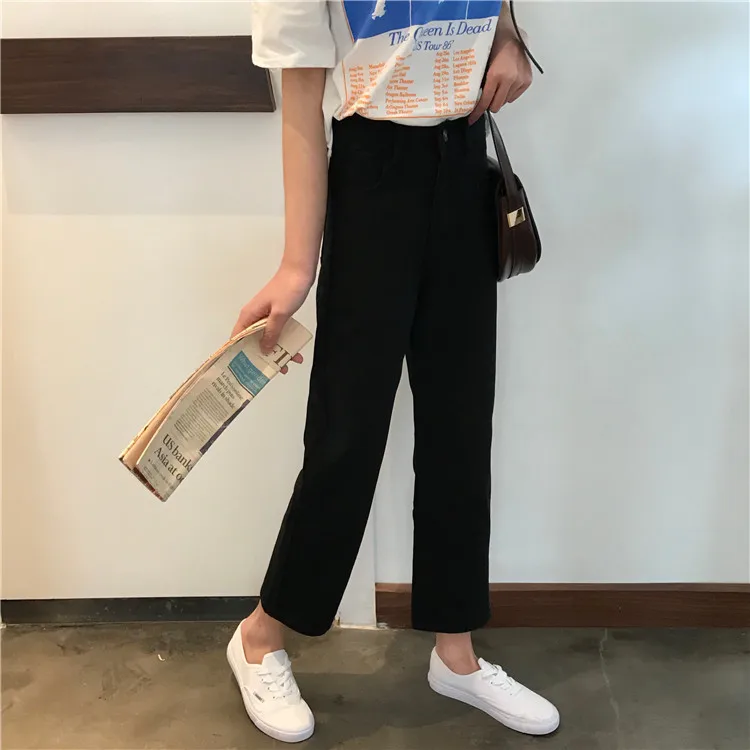 Black High Waist Jeans Women Ankle-length Solid Simple All Match Harajuku Vintage Womens Trousers Korean Fashion Females Pockets